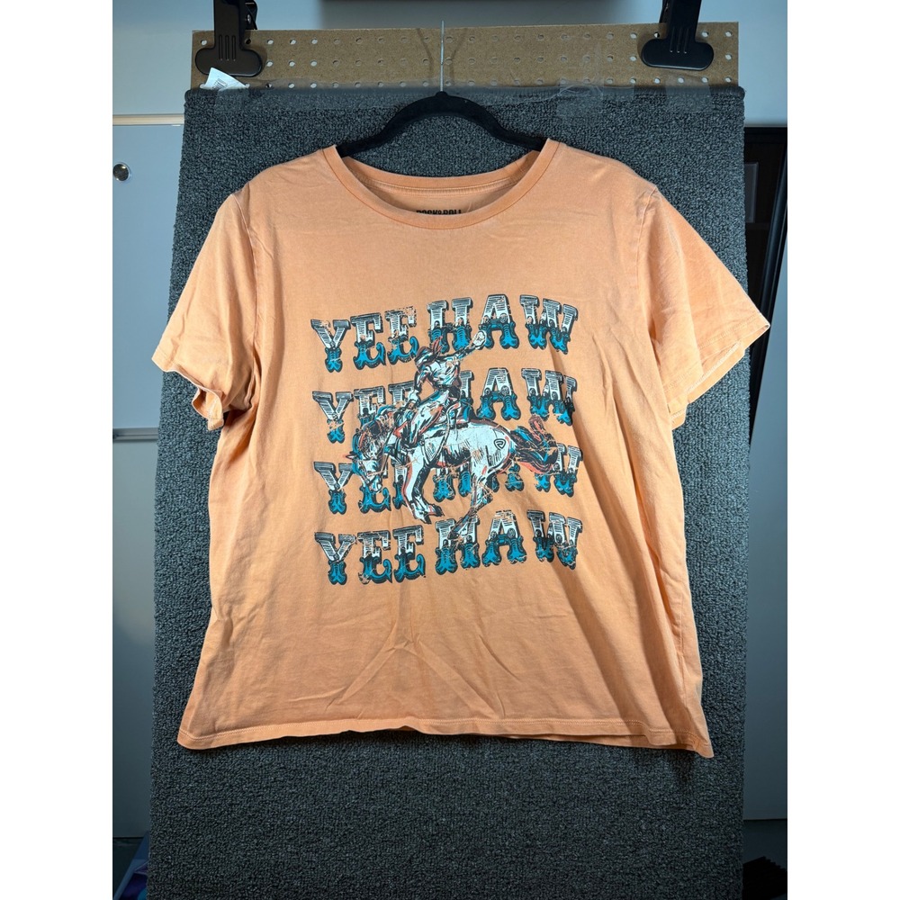 Rock & Roll Denim Graphic Tee Womens Large Orange Yeehaw Cowboy Western T-Shirt